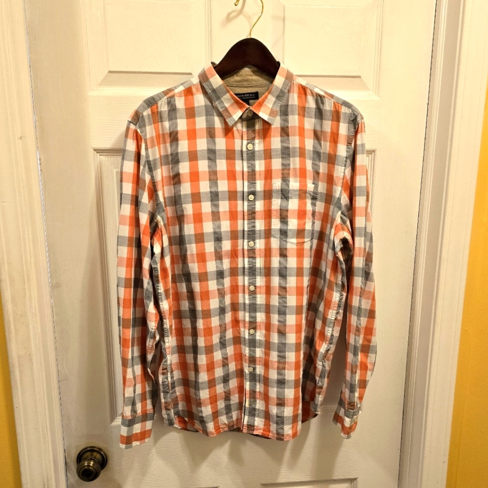 Banana Republic orange/grey/white plaid XL- small snag on left shoulder SEE PICS